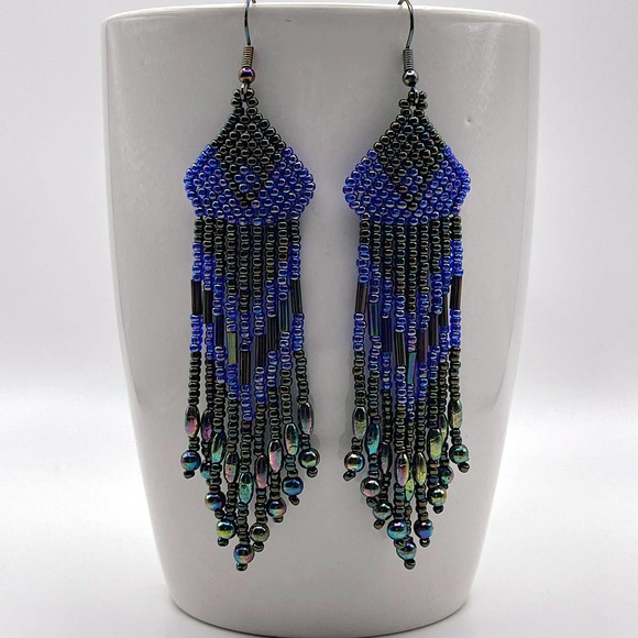 Beaded Fringe Dangle Earrings Blue Purple Green Peacock Iridescent Glass Beads - Picture 6 of 6